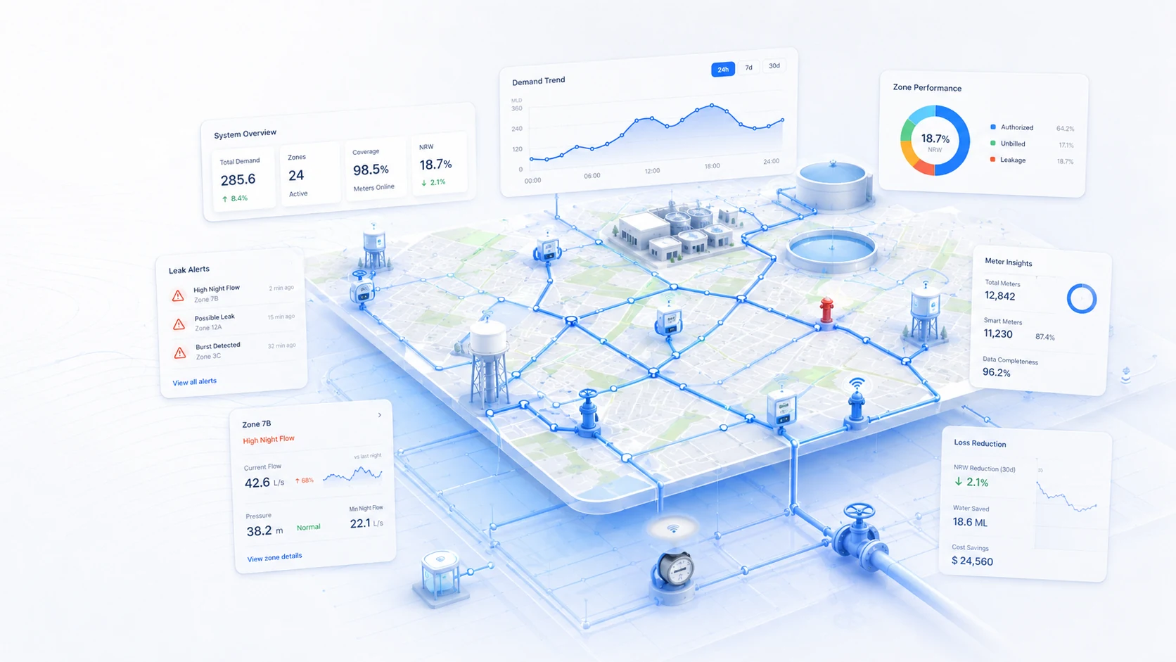 Water demand management system with smart meters, network monitoring, NRW analysis, leak alerts and demand trends